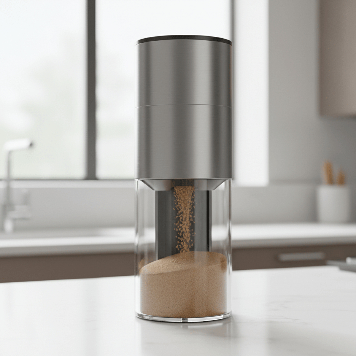 Sleek matte steel coffee grinder with static-free grounds on white countertop.