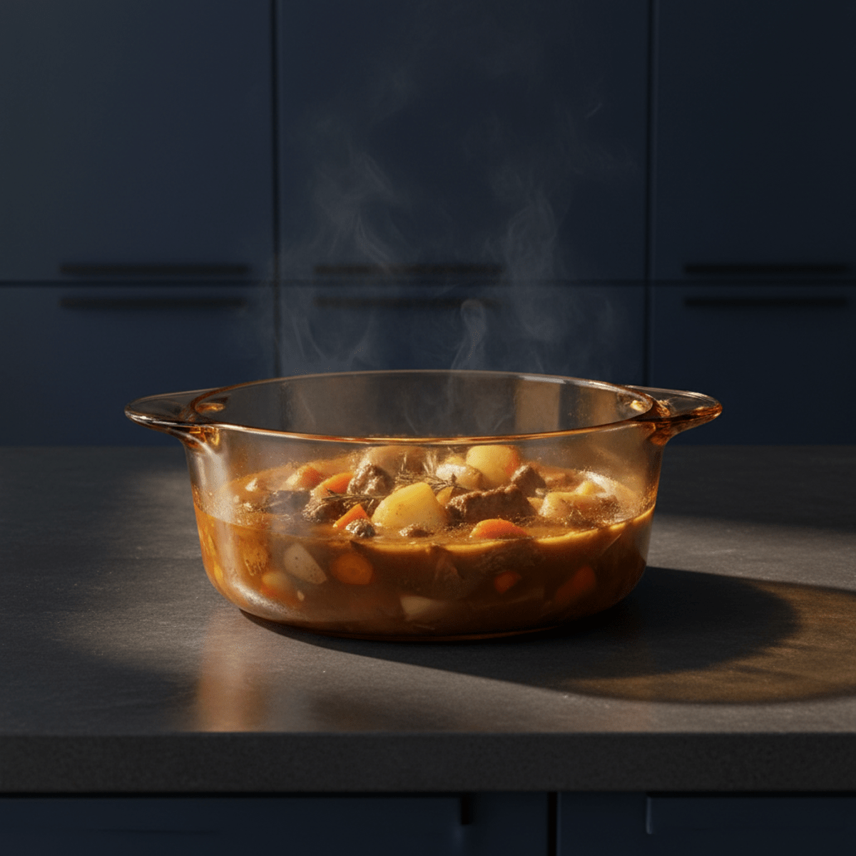 Amber glass cooking pot with rustic stew on a charcoal island.