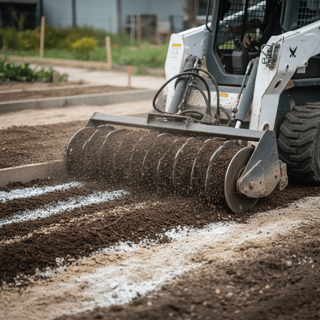 Skid steer power rake blends compost, sand, and lime for growing medium.