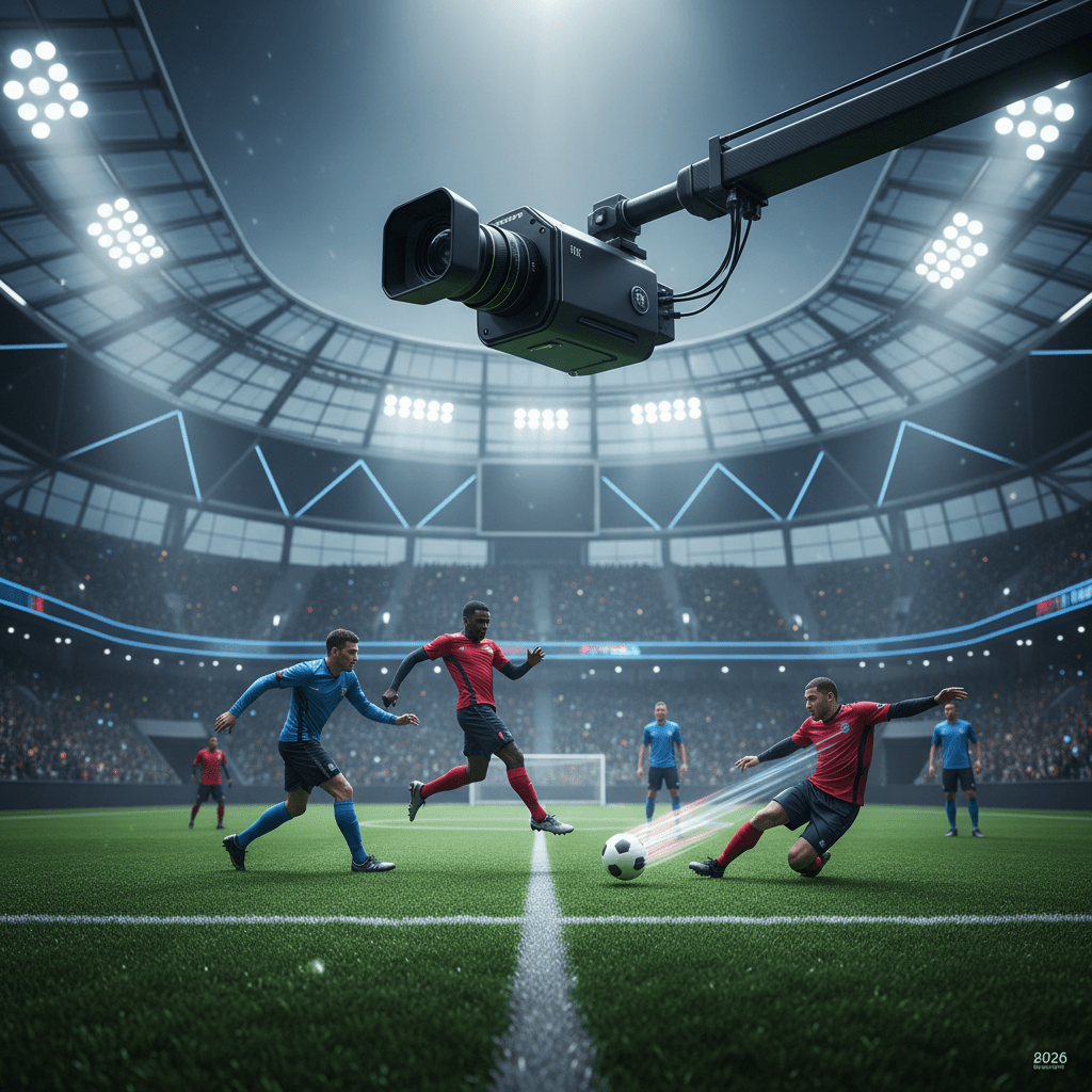 Sleek camera captures detailed action in a futuristic stadium with vibrant green turf.