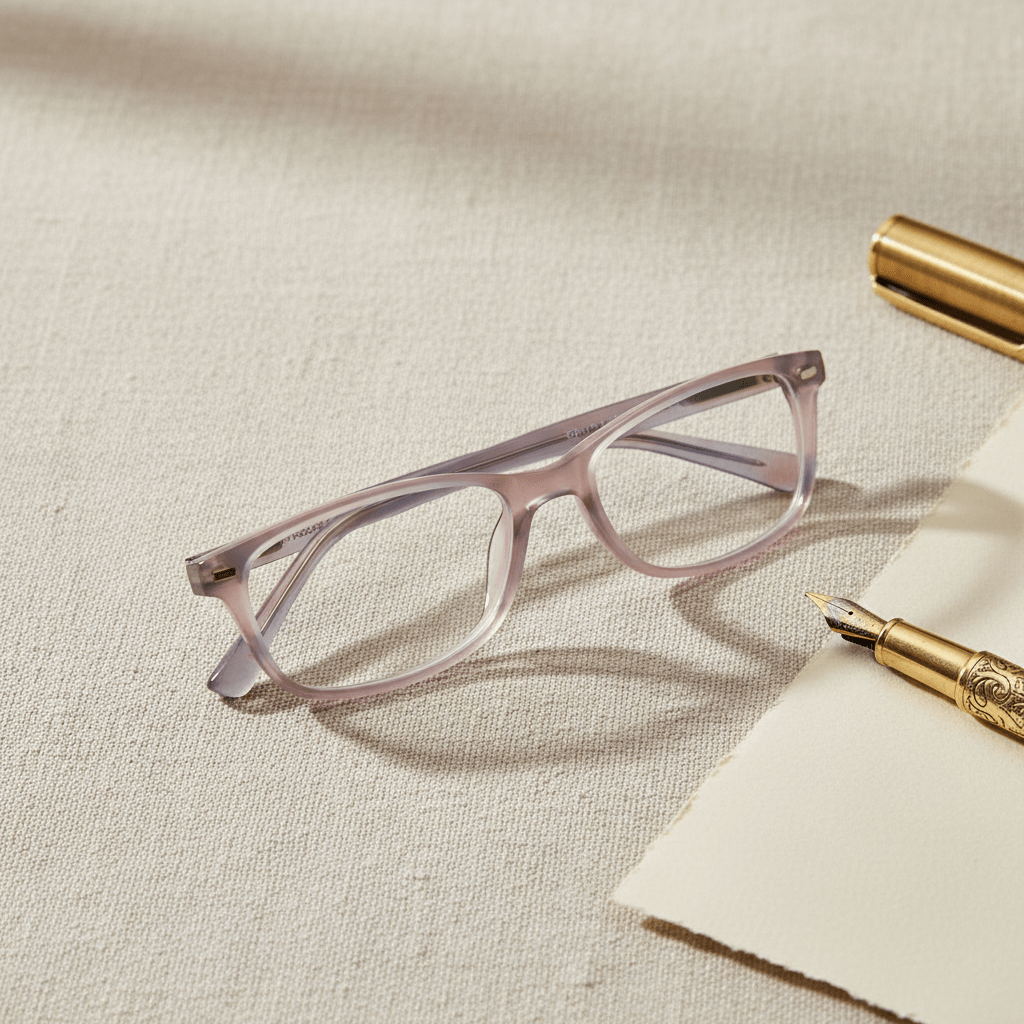 Slim pastel acetate eyeglasses with tortoiseshell accents on linen with fountain pen.