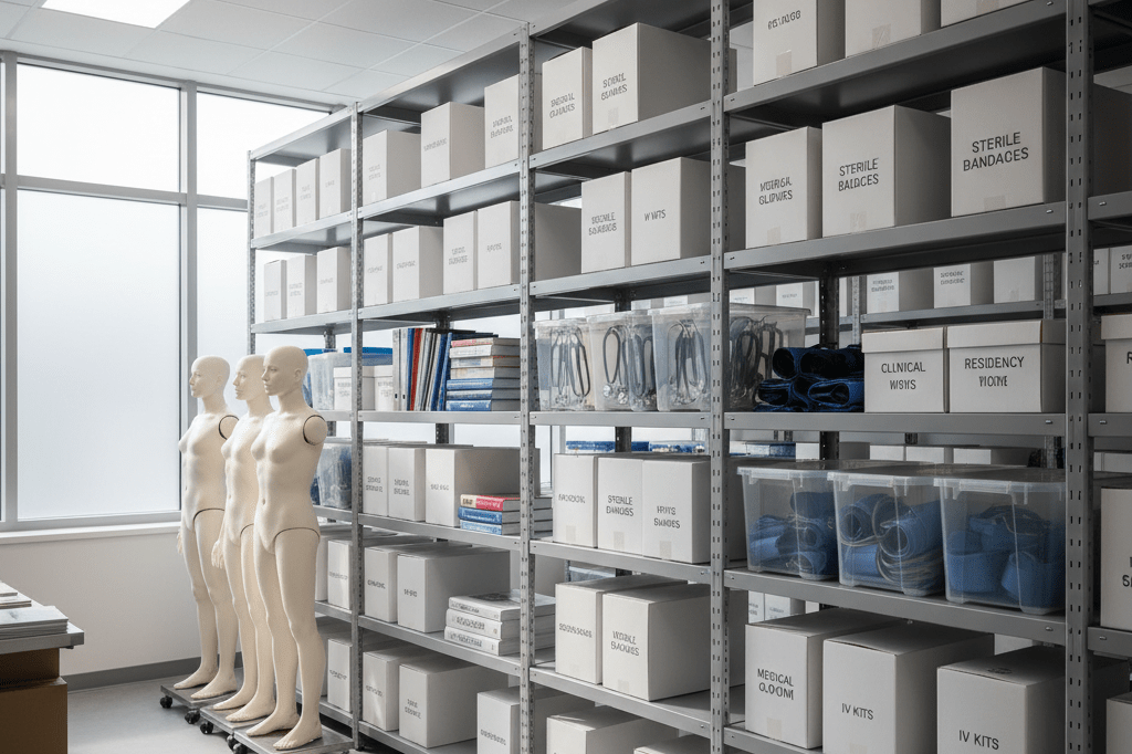 Organized medical and training supplies in a teaching hospital storage area, symbolizing readiness for new healthcare education cycles