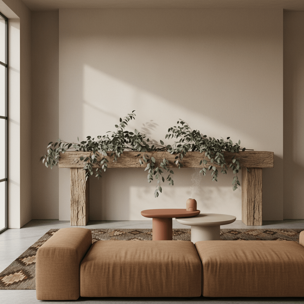 Dried eucalyptus stems on a rustic mantlepiece in a minimalist living room.