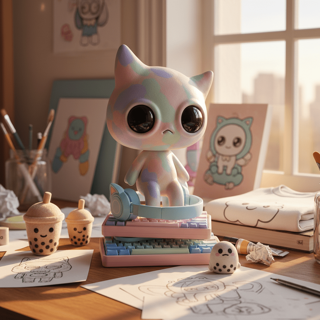 Quirky kawaii figurine with pastel paintwork on a cluttered artist's desk.