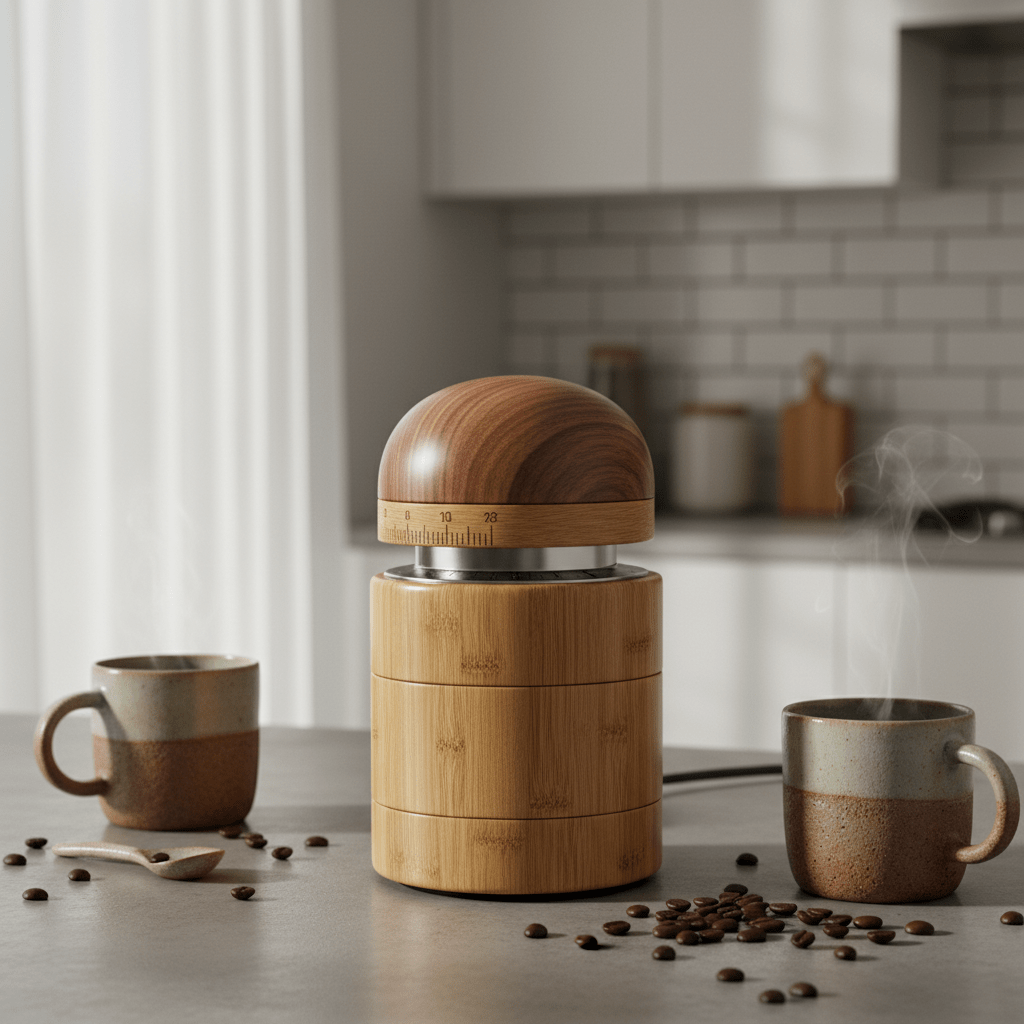 Premium coffee grinder with walnut lid and bamboo base, showcasing wood grain.