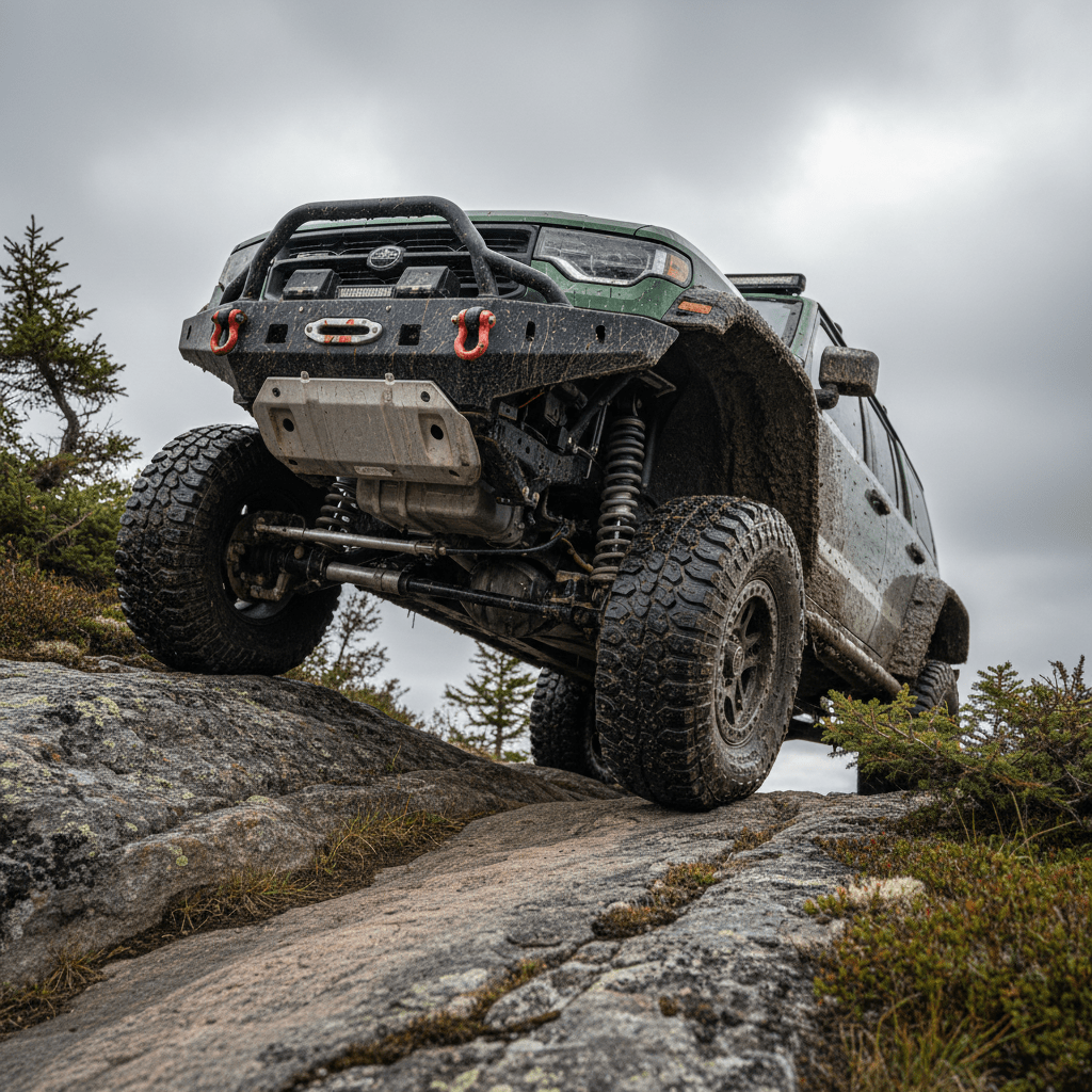 Rugged 4x4 off-road vehicle covered in mud, climbing steep rocky terrain.