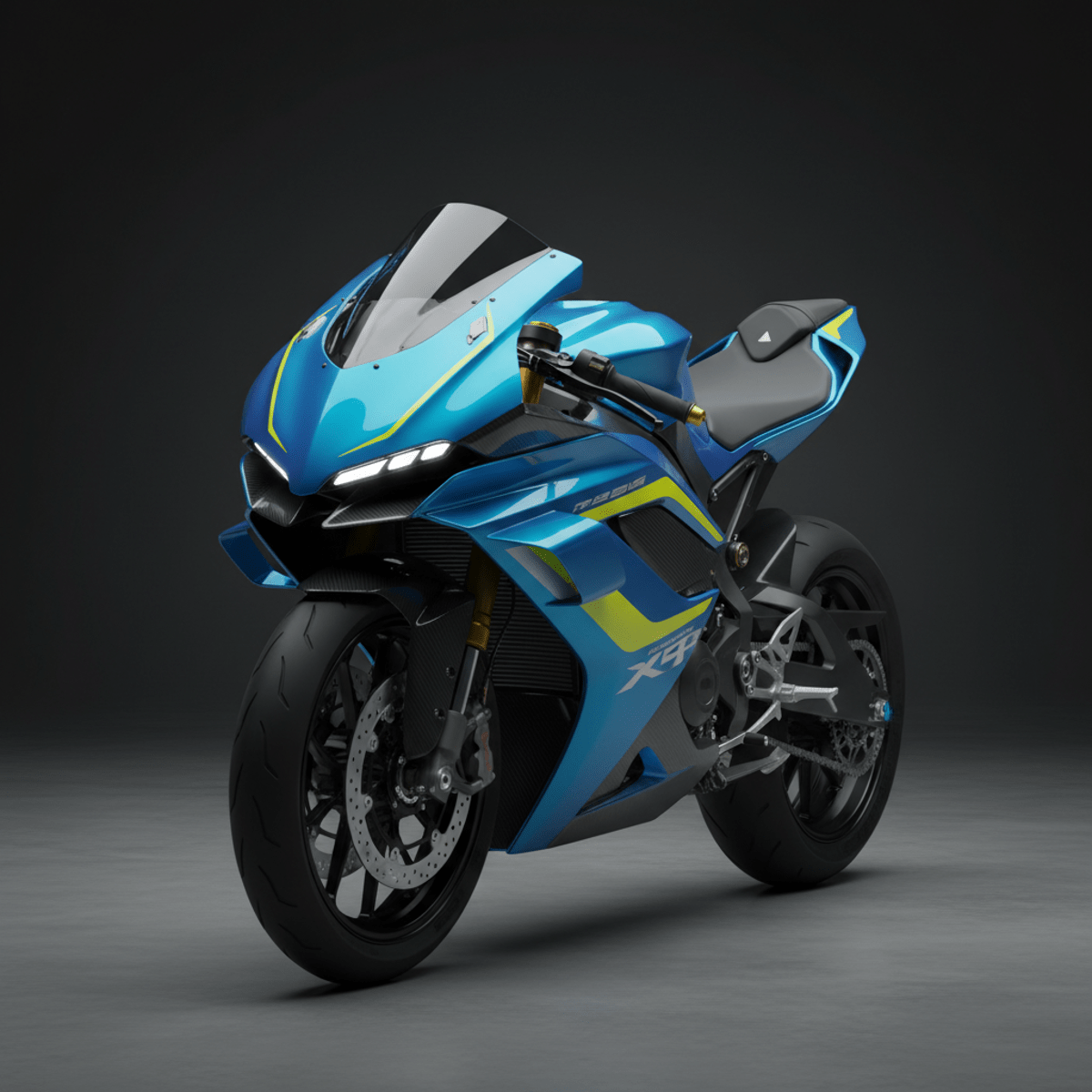 Sleek futuristic sportbike with aerodynamic fairing in electric blue and neon yellow.