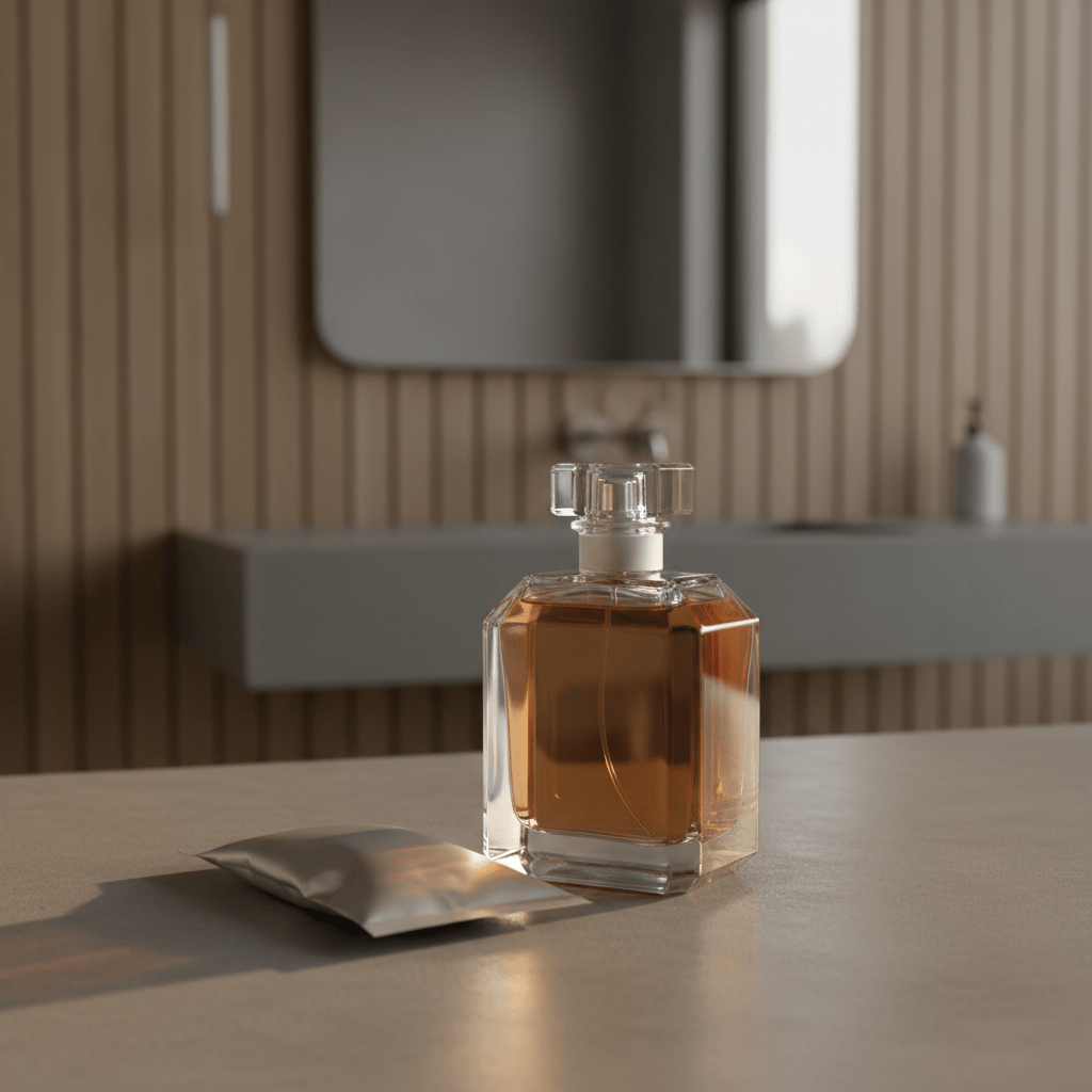 Transparent recycled glass cologne bottle with refill pouch on concrete.