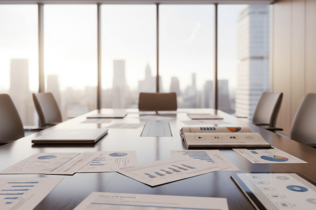 Wide shot of a conference table with analytics reports under natural and ambient light, representing strategic shifts in decision-making