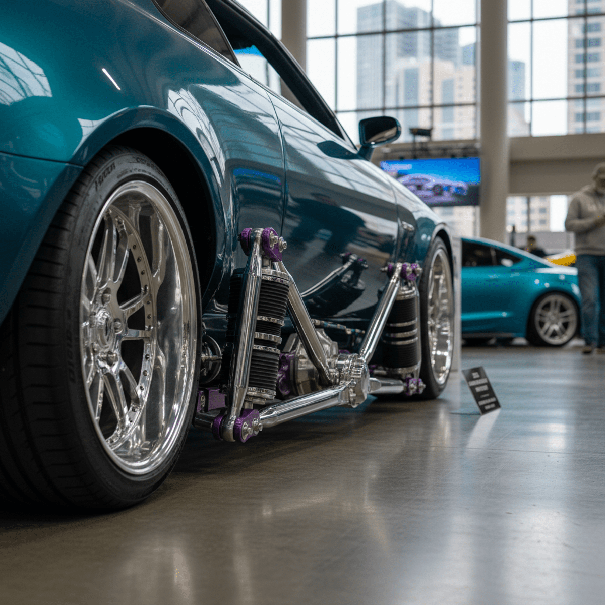 Custom vehicle with slammed air ride suspension, frame near pavement, polished chrome.