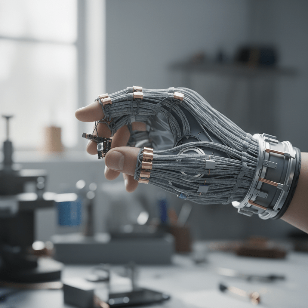 Advanced exoskeleton glove with braided fiber muscles supporting precise hand tasks.
