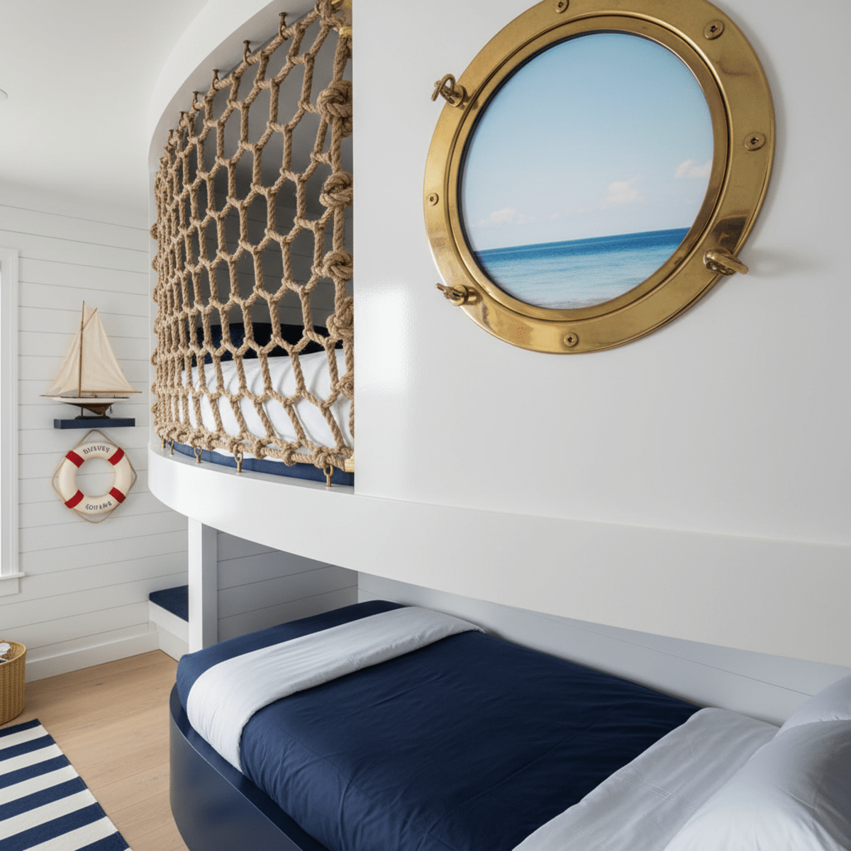 Circular bunk bed with rope netting and porthole viewing a sunny ocean horizon.