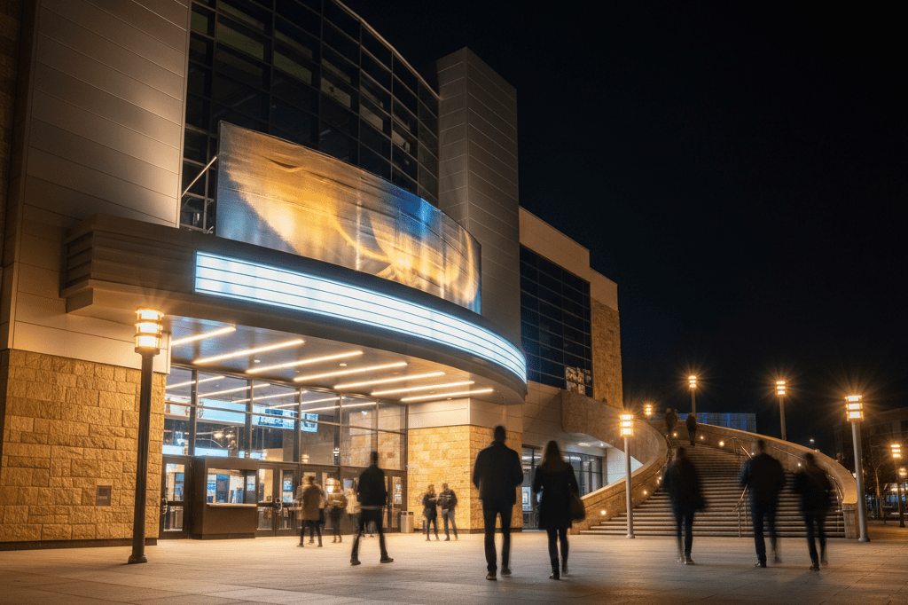 Wide-angle view of a bustling multiplex theater entrance at night, showcasing anticipation for premium experiences