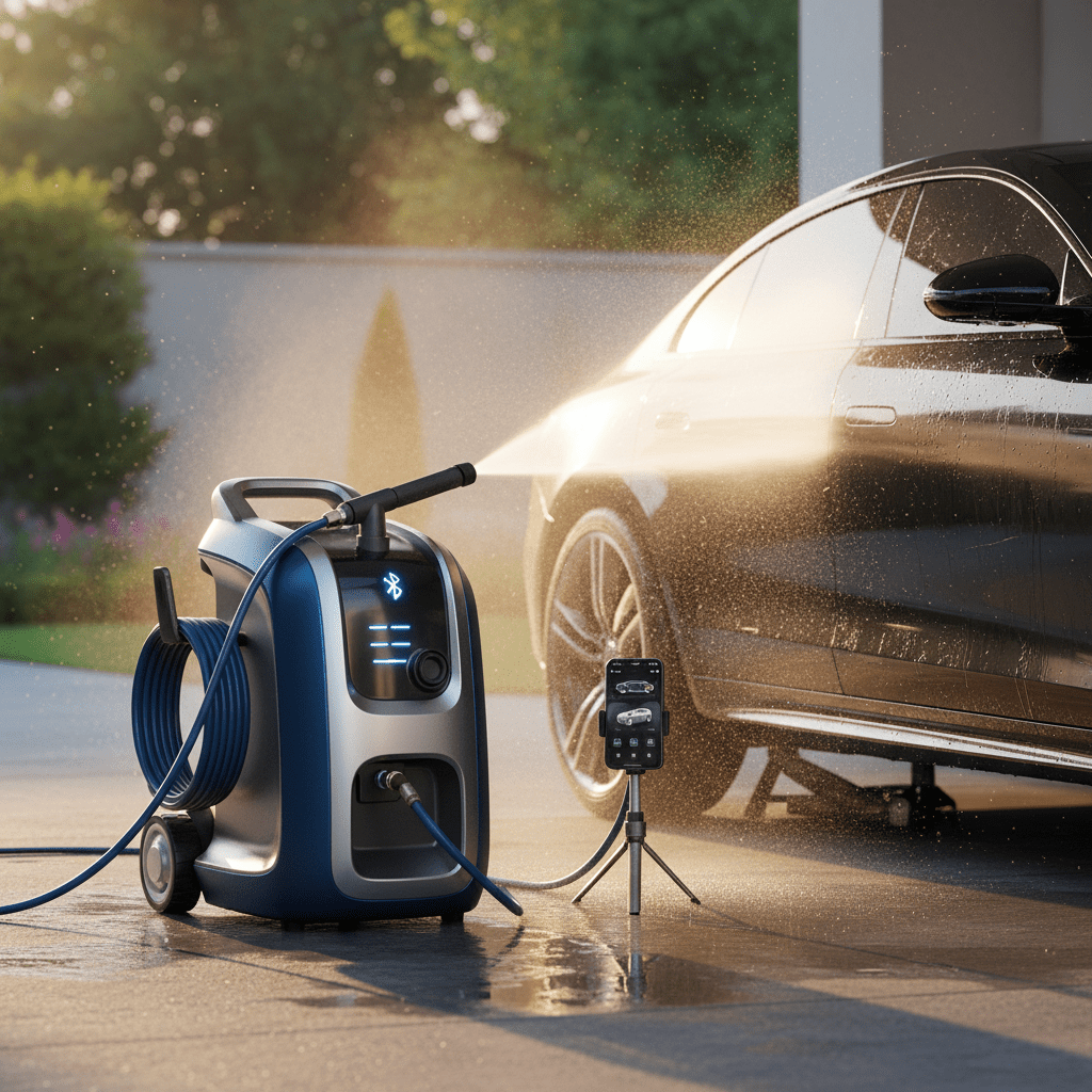 Portable pressure washer cleaning car undercarriage with smartphone app control.