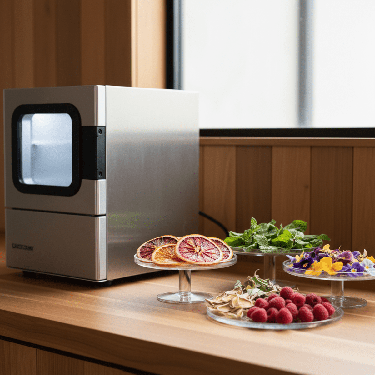 Modern home bar with freeze-dried garnishes and brushed stainless steel appliance.