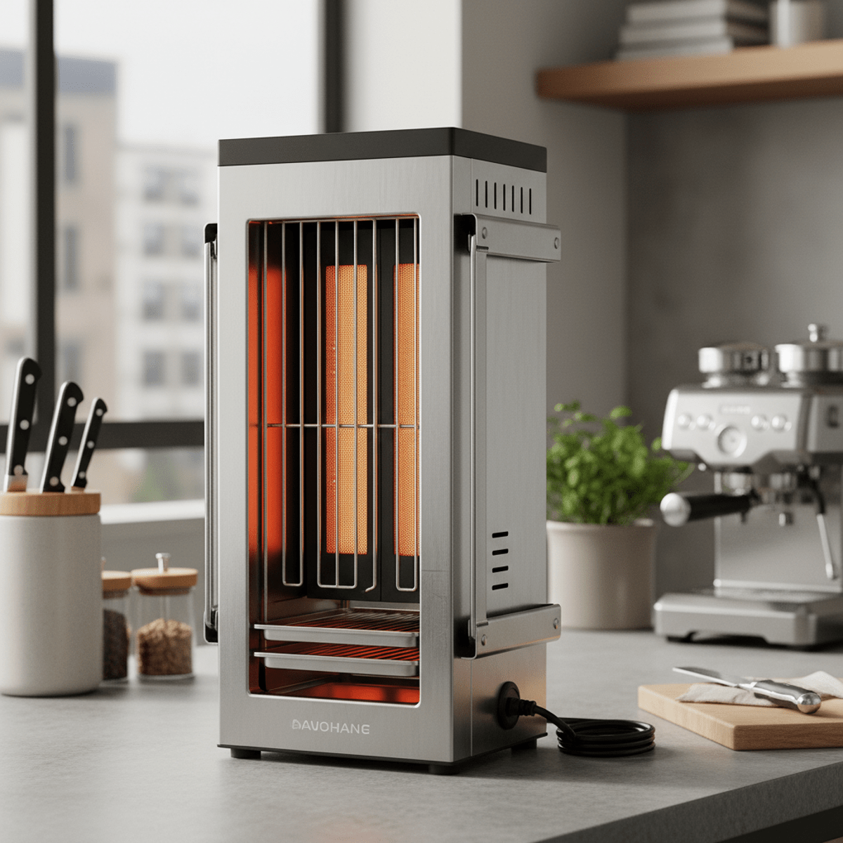 Compact vertical indoor barbecue grill with stainless steel finish. Sleek stainless steel vertical indoor grill on a busy kitchen counter.