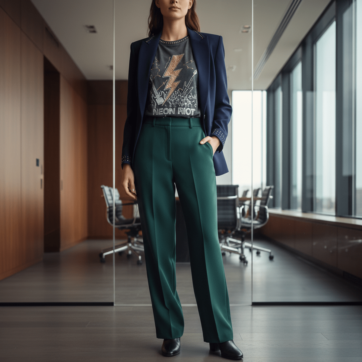 Model in a sleek boardroom wears a super-soft organic cotton band tee with vintage faded wash.