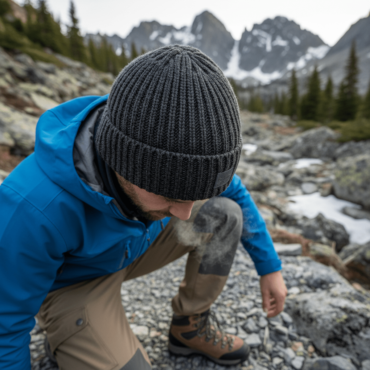 Close-up of a thick, dark charcoal ribbed-knit beanie on an adventurer in a mountain trail.