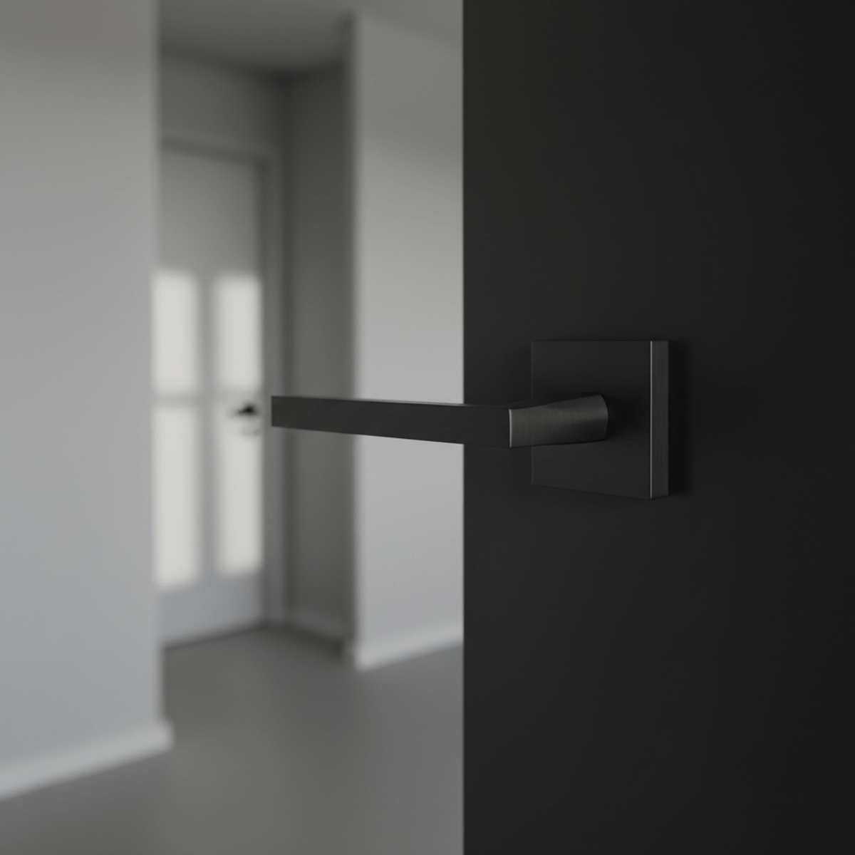 Sleek black door lever with brushed metal texture on a modern interior door.