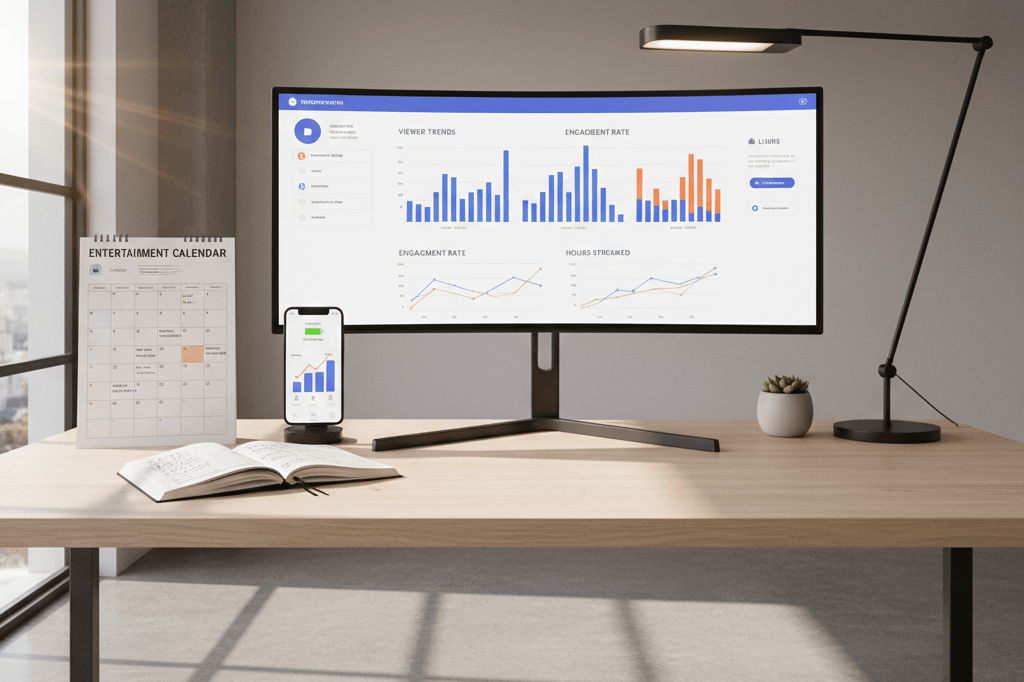 Office desk setup with analytics display and planning materials under natural light, highlighting streaming-driven business strategies