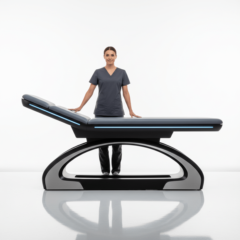 Ergonomic futuristic physical therapy table in bright studio Futuristic physical therapy table with ergonomic design in a bright studio healthcare setting.