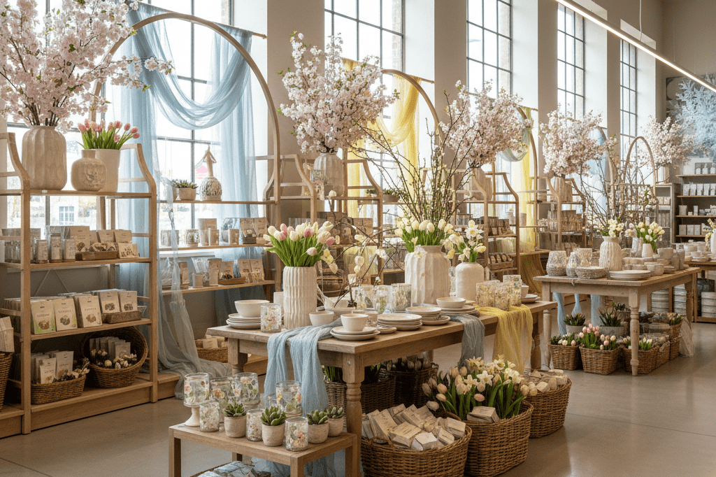 Spring-themed retail display symbolizing seasonal transitions Wide shot of a retail store's spring-themed display area with pastel decor under natural light, evoking seasonal change