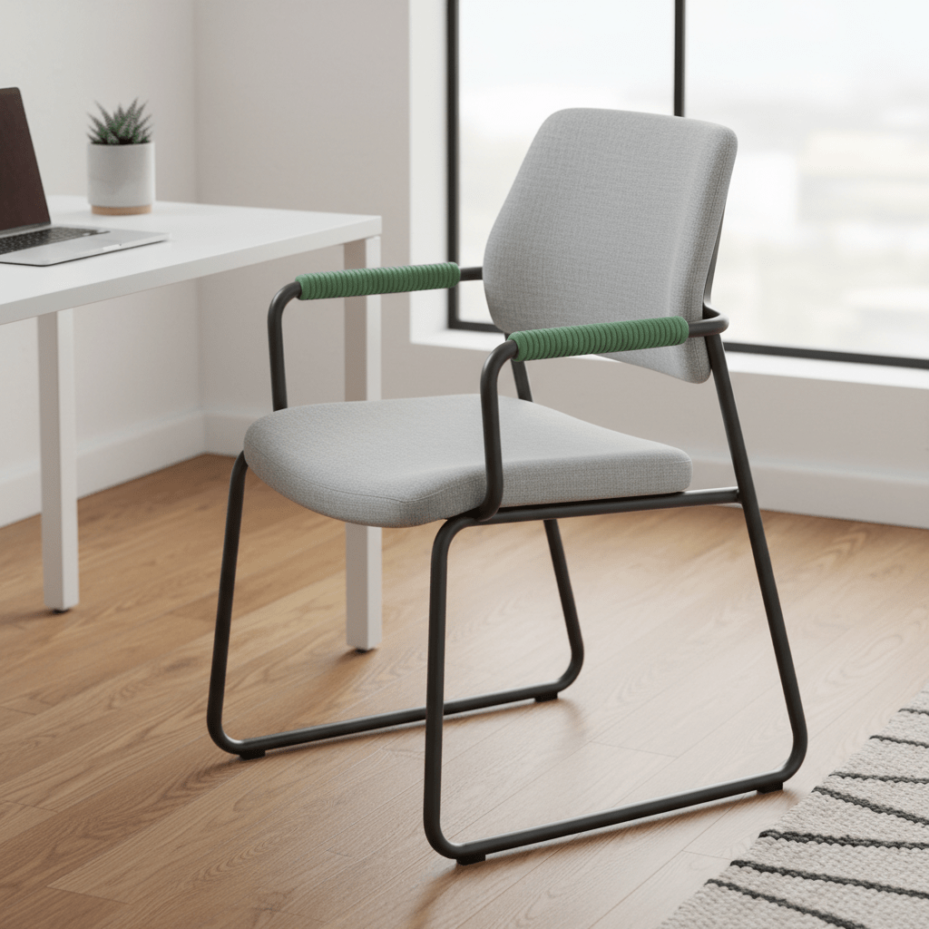 Modern charcoal ADHD chair with ribbed sage green silicone armrests in a minimalist workspace.