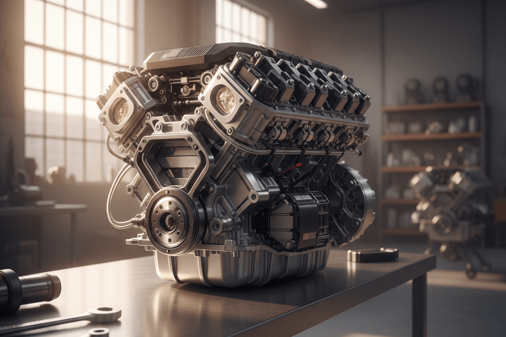 Close-up photo of a high-performance V8 engine under natural lighting, highlighting precision engineering and texture