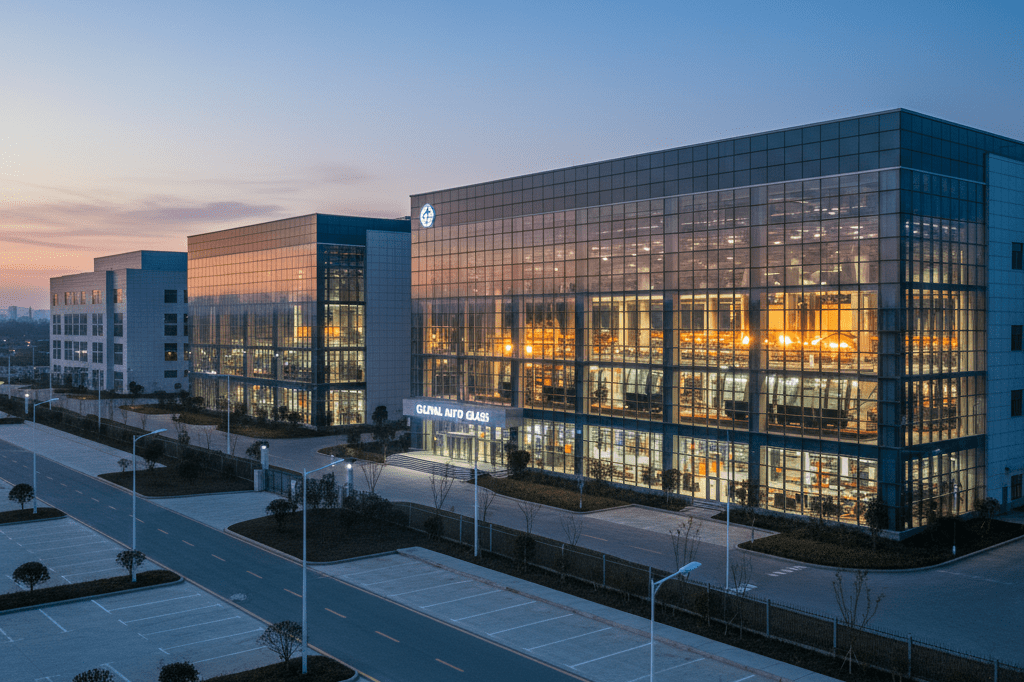 Modern Automotive Glass Manufacturing Facility Under Warm Ambient Light Wide shot of a large automotive glass plant lit by evening lights, reflecting industrial resilience and potential risks
