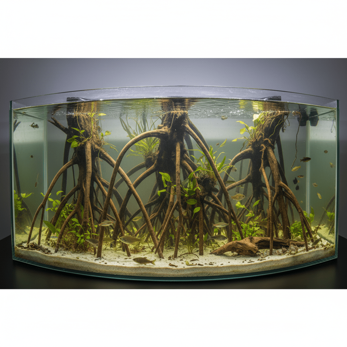 Realistic mangrove estuary aquarium with intricate driftwood structures and aquatic plants.