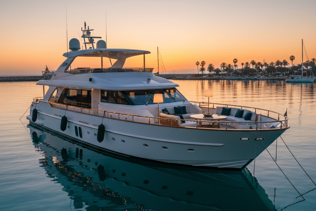 Wide shot of a stylish yacht under warm ambient lighting, reflecting luxury reality show settings and marine tourism appeal
