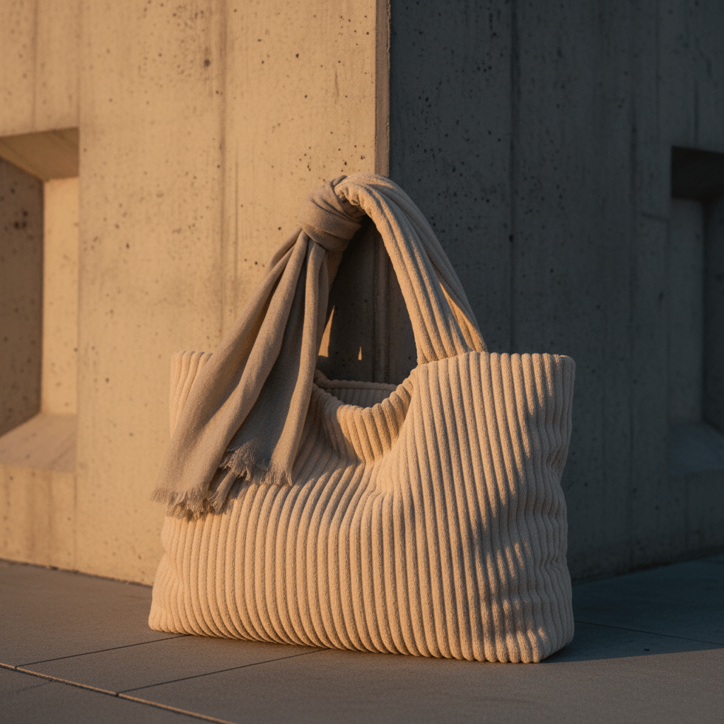 Oversized oatmeal tote bag with puffy ribbing rests against a concrete wall.