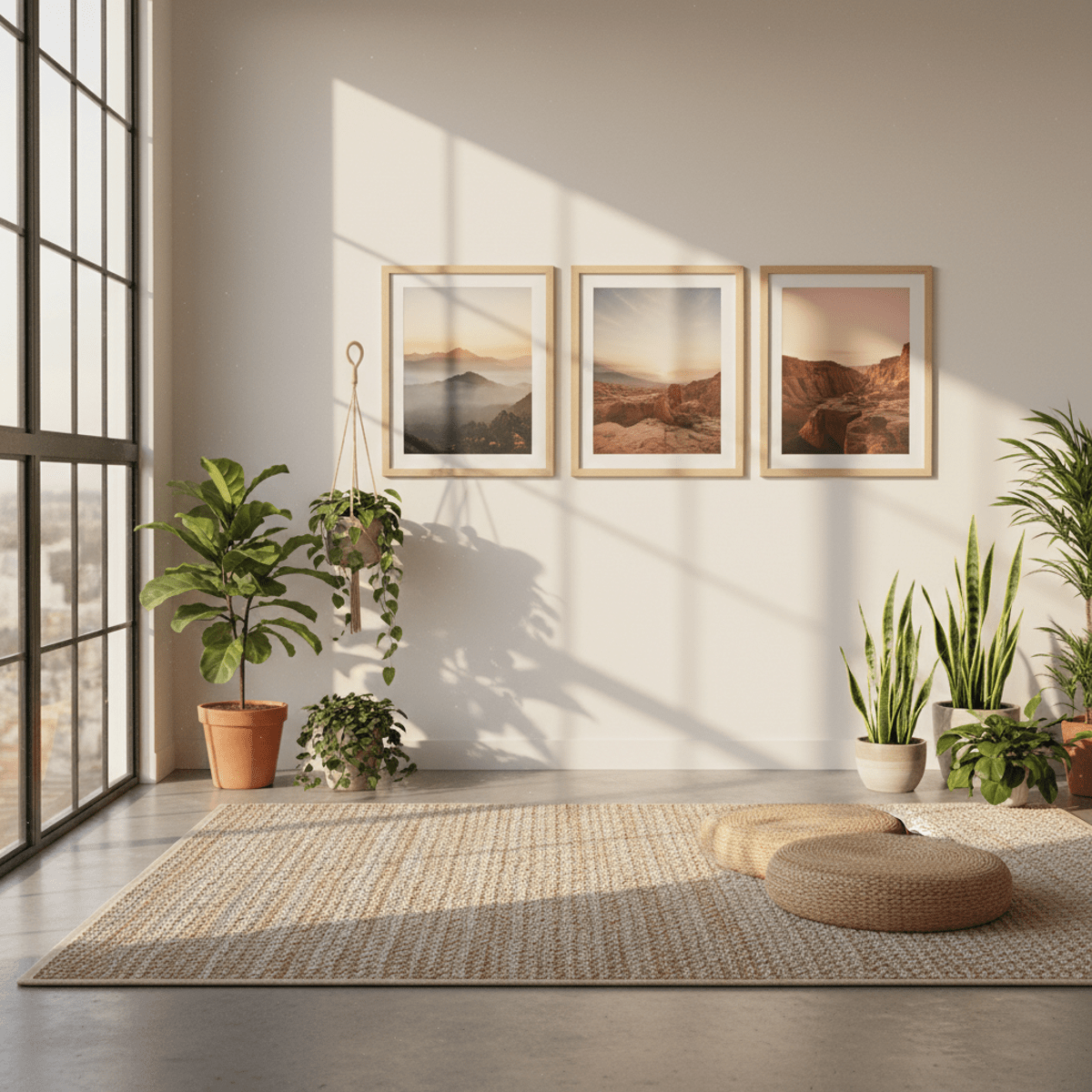 Faux wood poster frames with landscape art in a serene, sunlit room.
