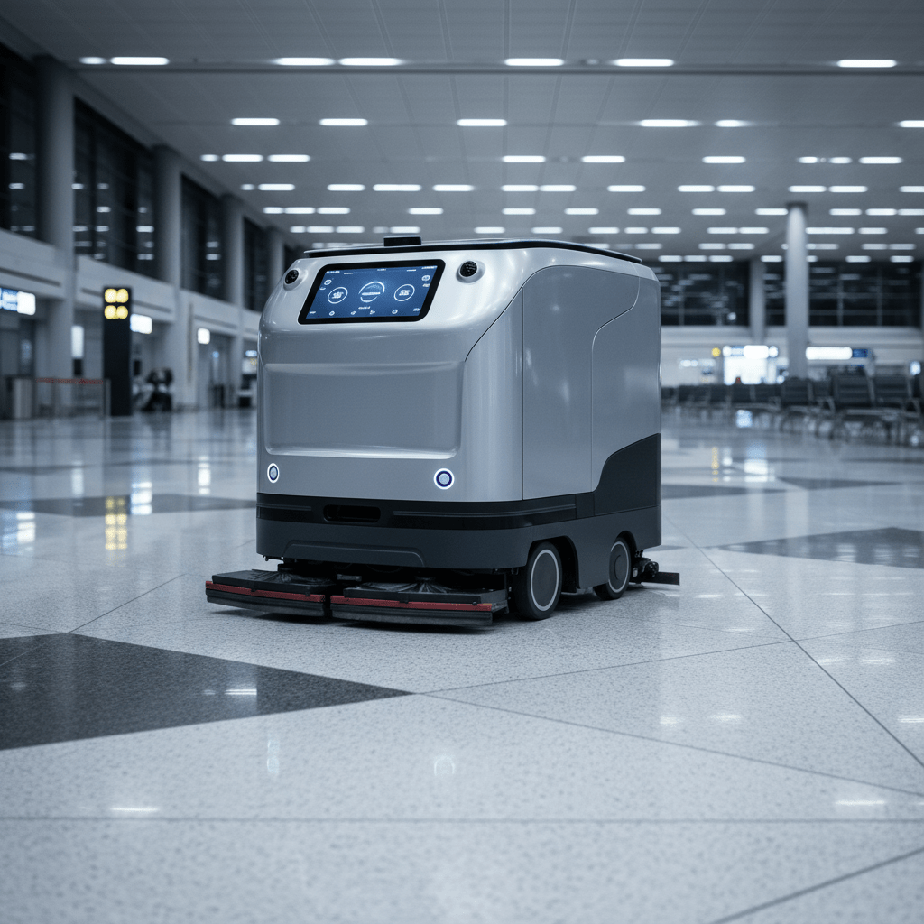 Sleek autonomous floor scrubber navigates empty airport terminal at night.