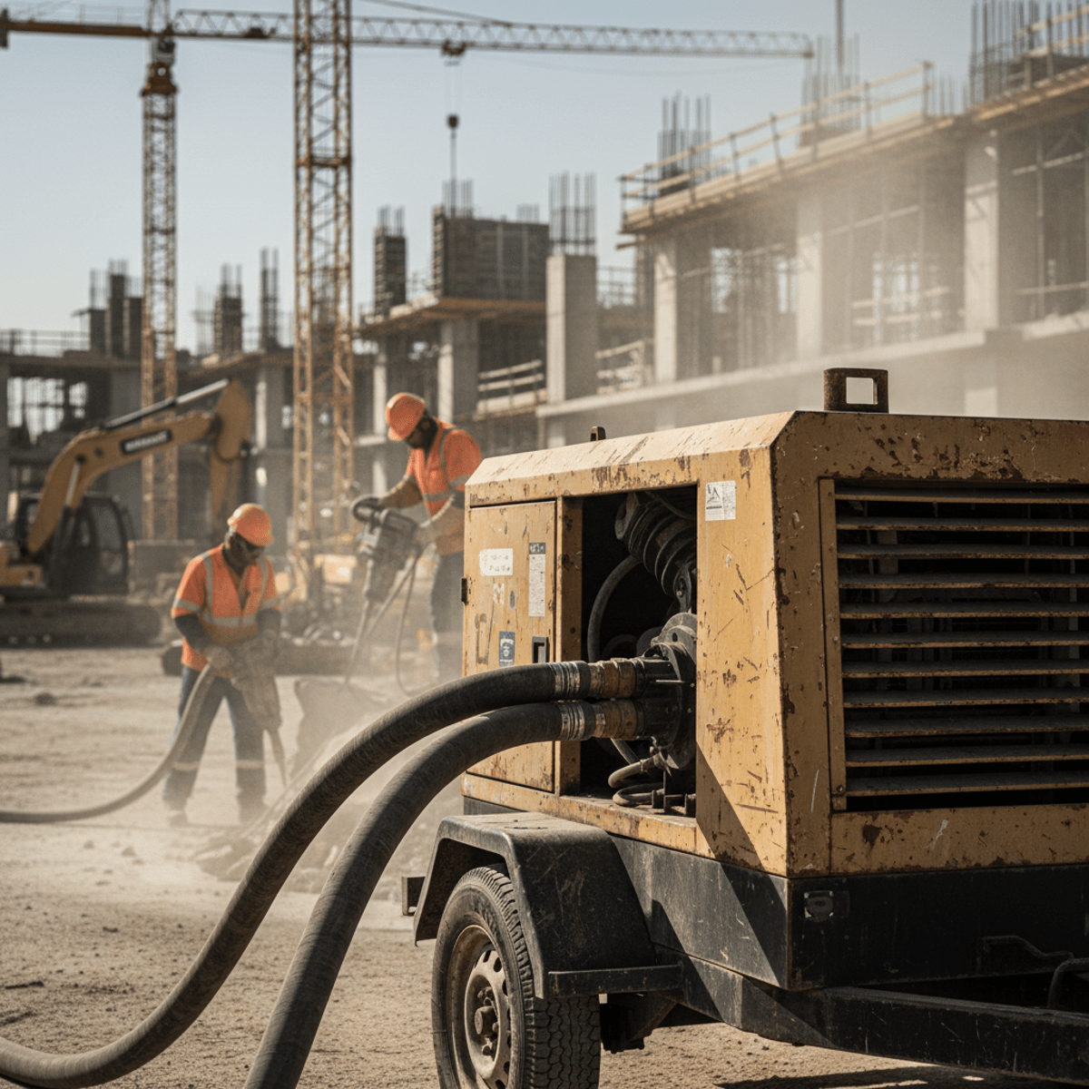 Rugged trailer-mounted air compressor powering jackhammers at an active construction site.