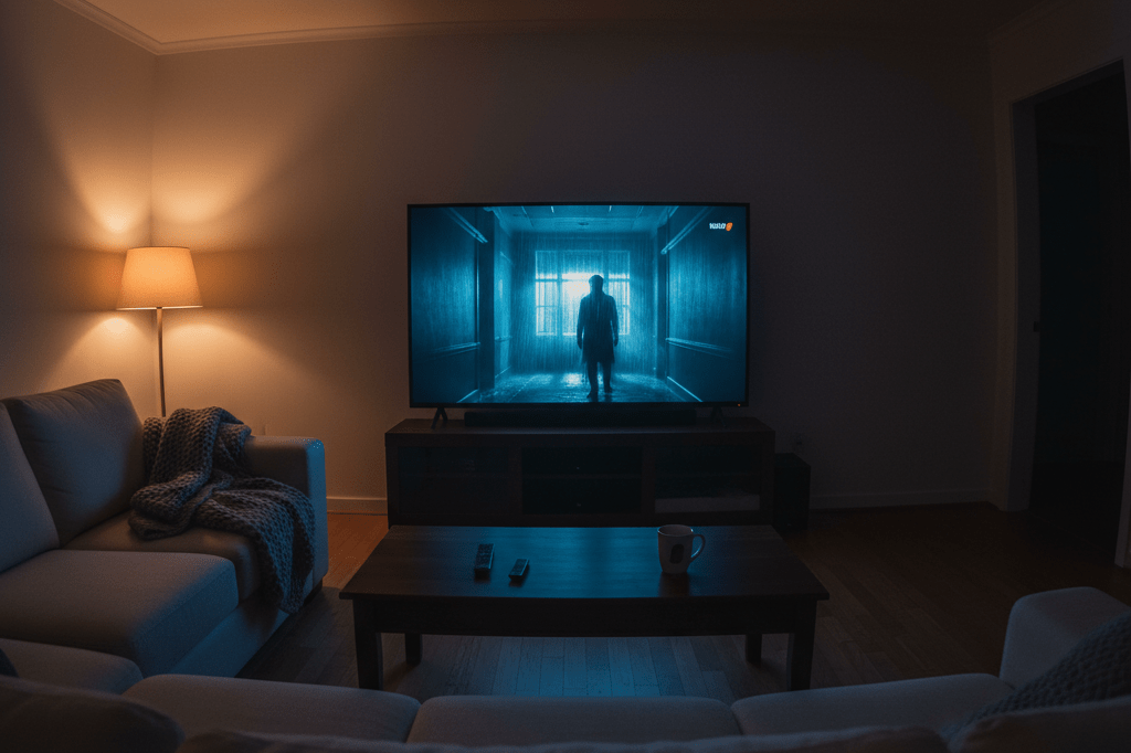 Warmly lit living room with a paused thriller scene on TV, emphasizing global streaming engagement through authentic storytelling