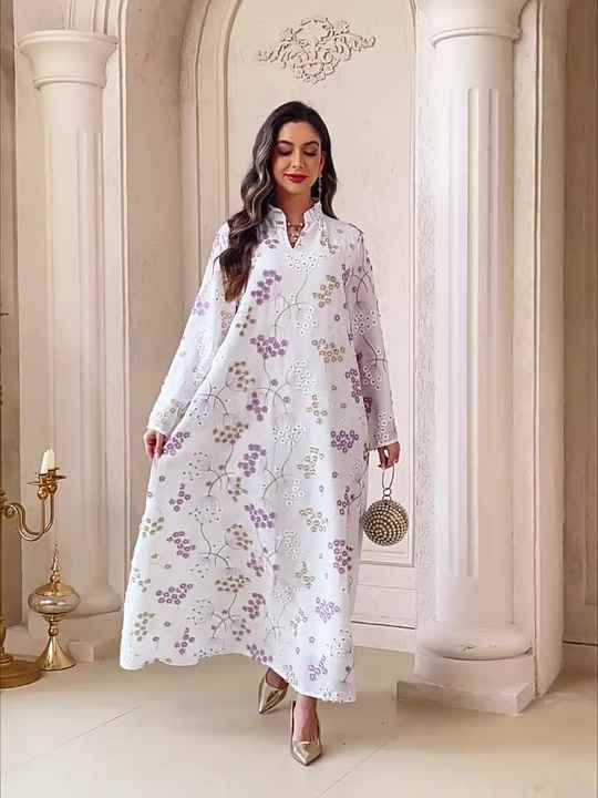 Muslim Women Jalabiya for Eid Embroidery Floral Polyester Maxi Dress  Elegant Long Robe for Eid Wear