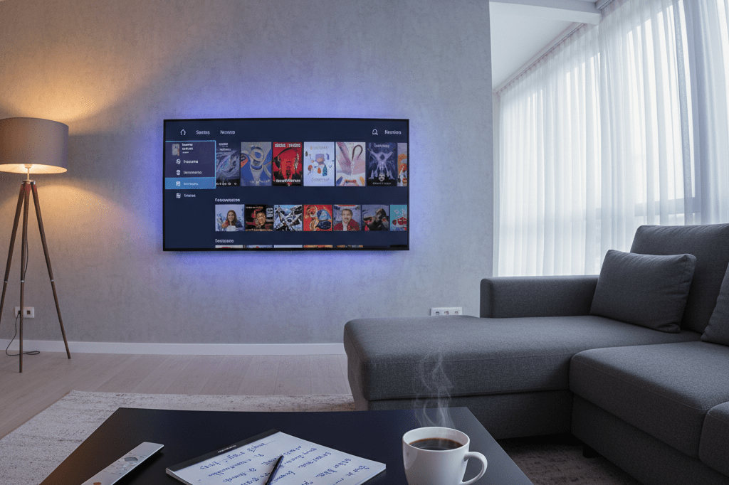 Wide shot of a cozy living room with a smart TV and streaming-related accessories under warm ambient lighting