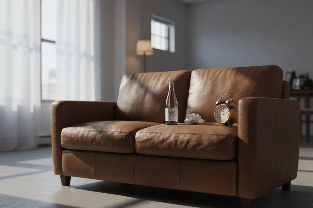 Medium shot of an empty apartment couch with sparkling water bottle and tissue, evoking loneliness and authentic storytelling