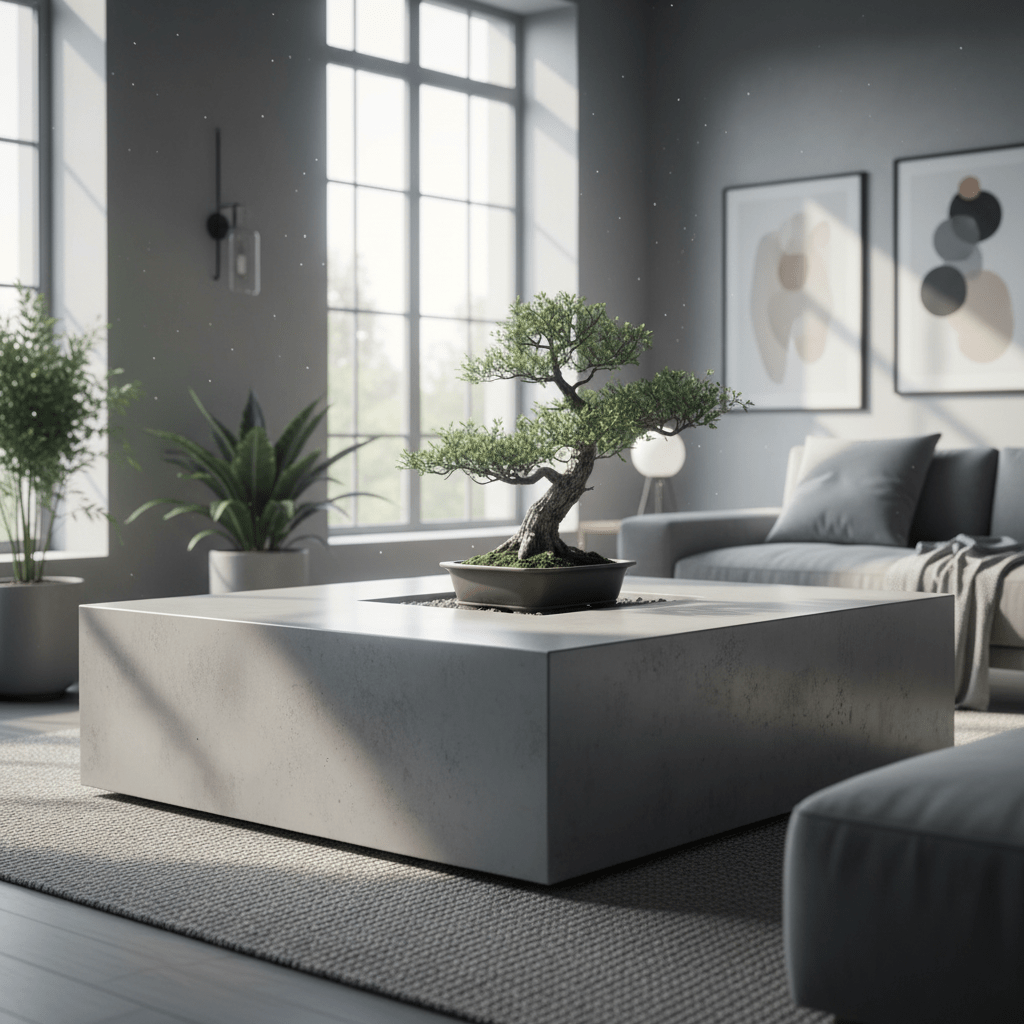 Polished concrete coffee table with integrated planter and bonsai in a bright modern room.