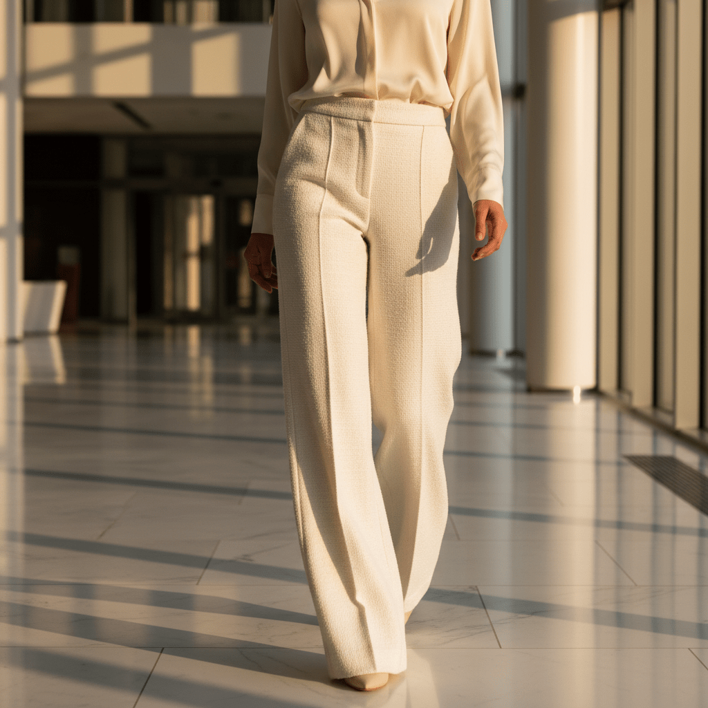 Model in textured tweed palazzo trousers and silk blouse walks through a sunlit corporate atrium.