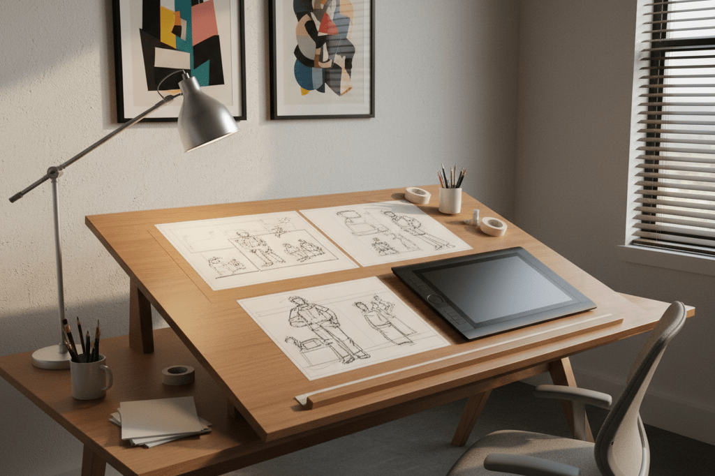 A tidy desk with generic sketches, a drawing tablet, and framed artwork under warm ambient lighting, evoking strategic endings and new beginnings.