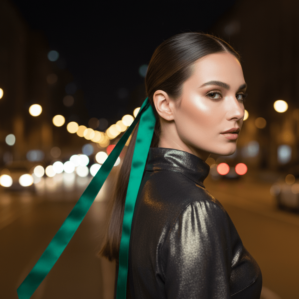 Woman with emerald green satin ribbon in sleek ponytail, tails flowing elegantly.