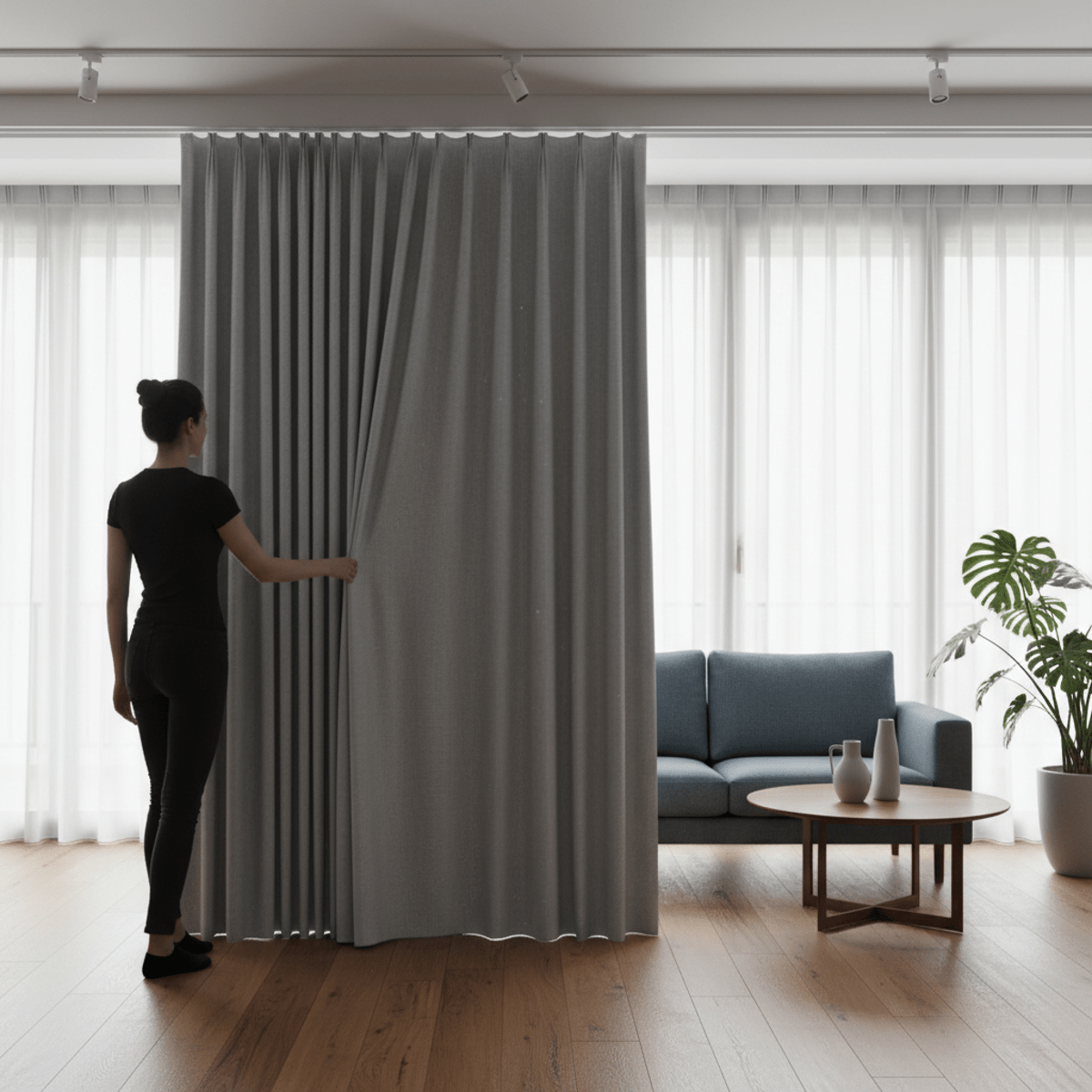 Modern living room with automatic curtains and floor-to-ceiling windows.