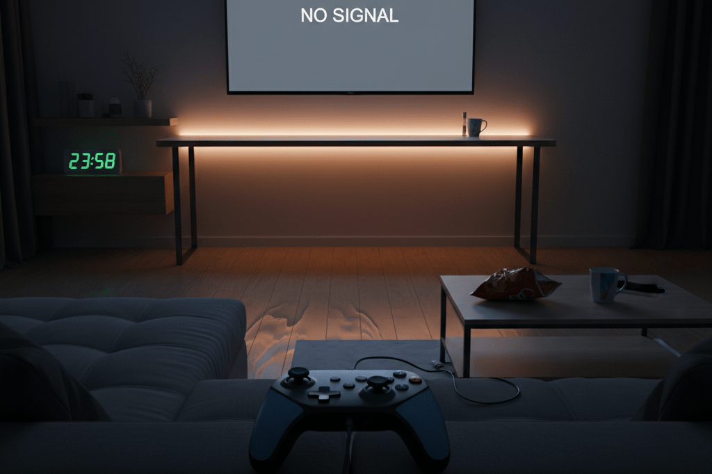 Dimly lit living room with muted TV and resting controller, illustrating digital service interruption impact