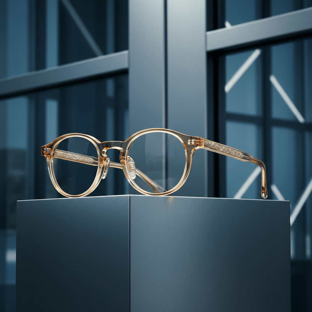 Men's round glasses with clear acetate temples showcasing decorative core wire.