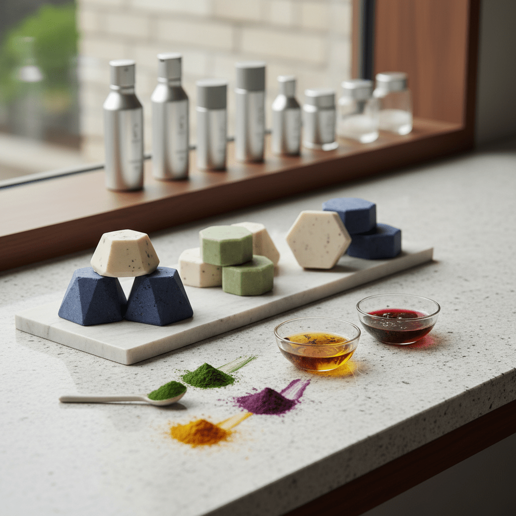 Elegant solid shampoo bars with botanical oils. Solid shampoo bars and botanical oils arranged artfully on polished stone.