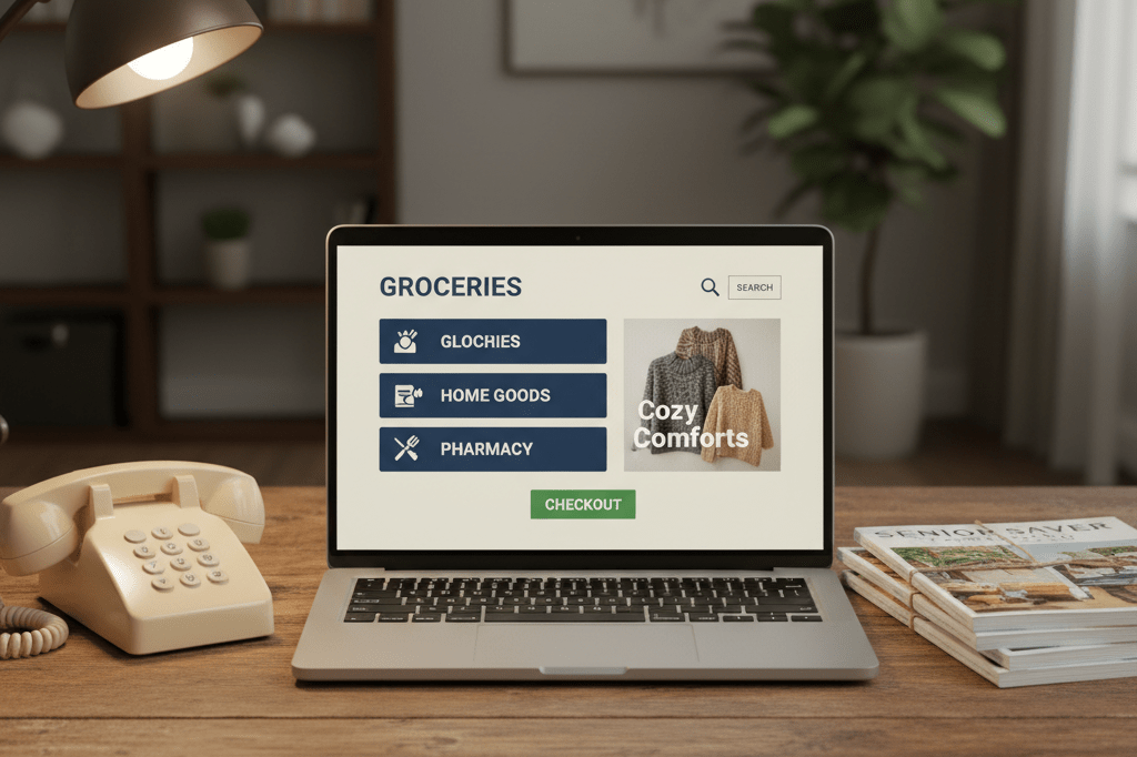 Laptop showing simplified shopping site next to landline and catalogues under warm lamp light