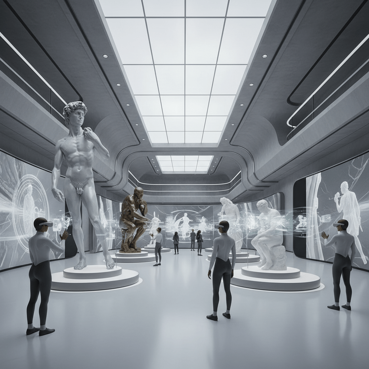Virtual reality exhibition hall displaying lifelike 8K digital sculpture replicas under soft daylight.