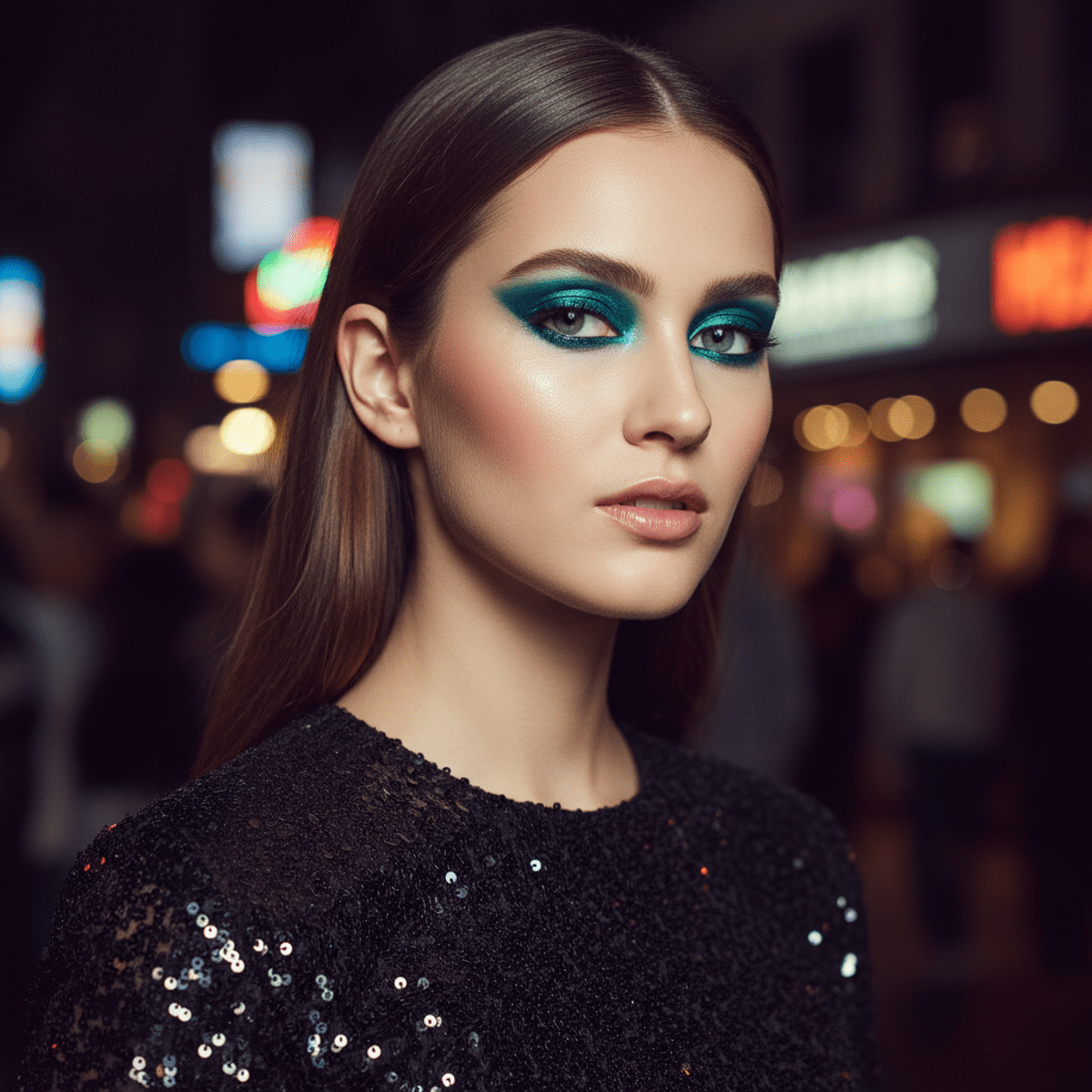 Glamorous model with high-shine metallic green eyeliner and bold wing in a night club.